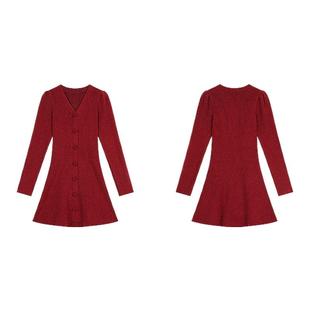 妖精的口袋v领修身红色针织连衣裙女2025年秋冬新款亮闪新年战袍