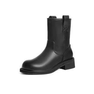 红蜻蜓中筒靴女靴子冬季新款女鞋短靴粗跟真皮英伦风厚底烟筒靴