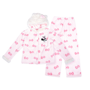 Disney/迪士尼冬季新款加厚蝴蝶结米妮珊瑚绒连帽睡衣家居服套装