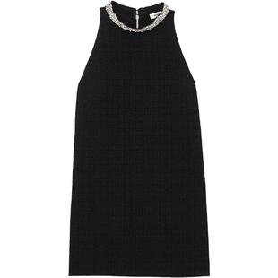 SANDRO秋冬女装法式优雅气质黑色仿钻圆领无袖直筒短款花呢连衣裙