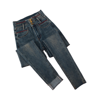 加绒超高腰紧身牛仔裤女秋冬新款复古时尚显瘦百搭弹力小脚裤毛边