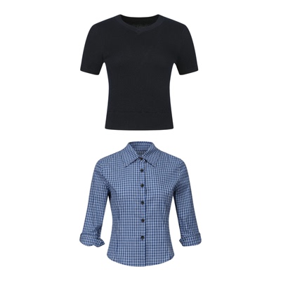 7Shiftin原创设计夏季新款圆领长袖修身毛衣蓝色搭配格纹衬衫女