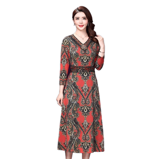 香妮芬2026春季新款长袖连衣裙女阔太太高贵气质针织印花中年女装