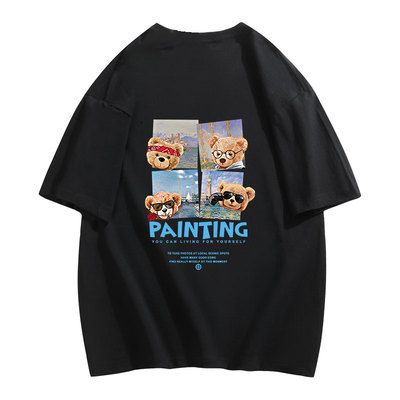 最亲2025休闲新款可爱小熊夏季纯棉字母宽松短袖男女款T恤圆领潮