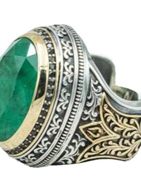 男纯银复古绿色锆石宝石镶嵌戒指