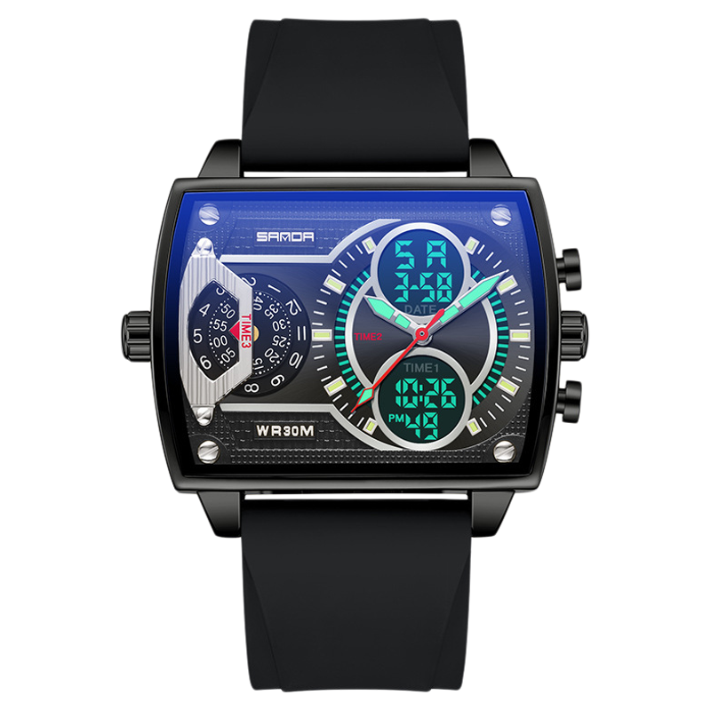三达品牌双显手表硅胶带时尚潮流防水倒计时炫酷男款腕表机械风潮