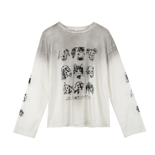 CONTRAFIEND复古做旧马骝猫狗大联盟印花长袖T恤 宽松圆领上衣
