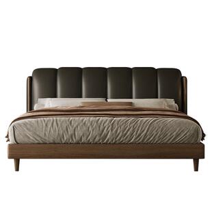 高级感中古复古现代轻奢钢琴键真皮软包靠背主卧大床实木头层牛皮