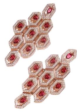 菱形耳坠几何图案红宝石耳钉