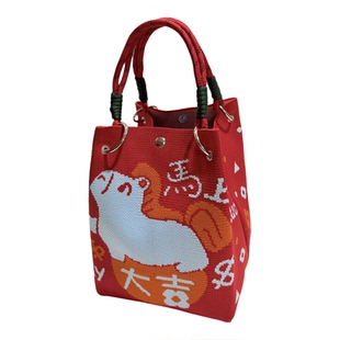 2026新年礼物袋手提包针织手拎包红色福袋伴手礼袋马年春节礼品袋