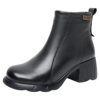 秋冬季厚底增高短靴女鞋中跟百搭瘦瘦靴真皮马丁靴加绒皮鞋女靴子