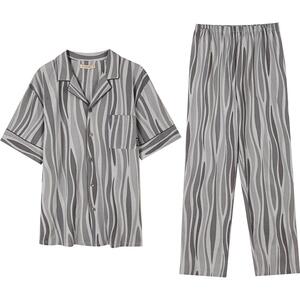 秋鹿条纹短袖长裤睡衣男款夏季纯棉小翻领开衫男家居服可外穿套装
