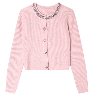 白鹿语法式小香风重工钉珠镶钻针织开衫25秋冬新款高级感甜美毛衣