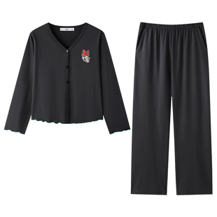 迪士尼睡衣女款春秋V领开衫柔软棉长袖家居服气质显瘦可外穿套装