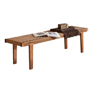 侘寂风复古藤编换鞋凳家用门口实木长凳玄关凳子储物床尾凳矮凳