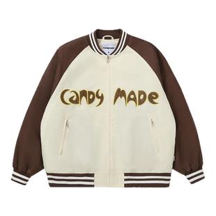 Candymade2025秋冬美式复古系列棒球服 白色插肩烫钻装饰