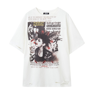 YUKAHOUSE 原创印花T恤美式复古亚文化短袖上衣白咖色男女夏季款