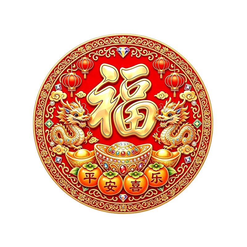 国风双金龙墙贴元宝柿子平安喜乐圆形福贴过年大门玻璃喜庆装饰贴