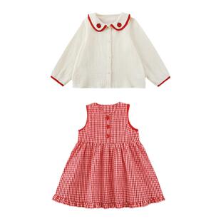 幼悠女童田园风套装春秋儿童甜美可爱娃娃领衬衫荷叶边连衣背心裙
