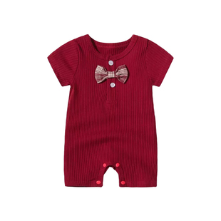 夏季婴儿连体衣短袖宝宝衣服纯棉哈衣韩版薄款红色新生儿生日爬服