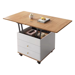 可移动升降茶几餐桌两用小户型原木风伸缩折叠方形茶桌方形多功能