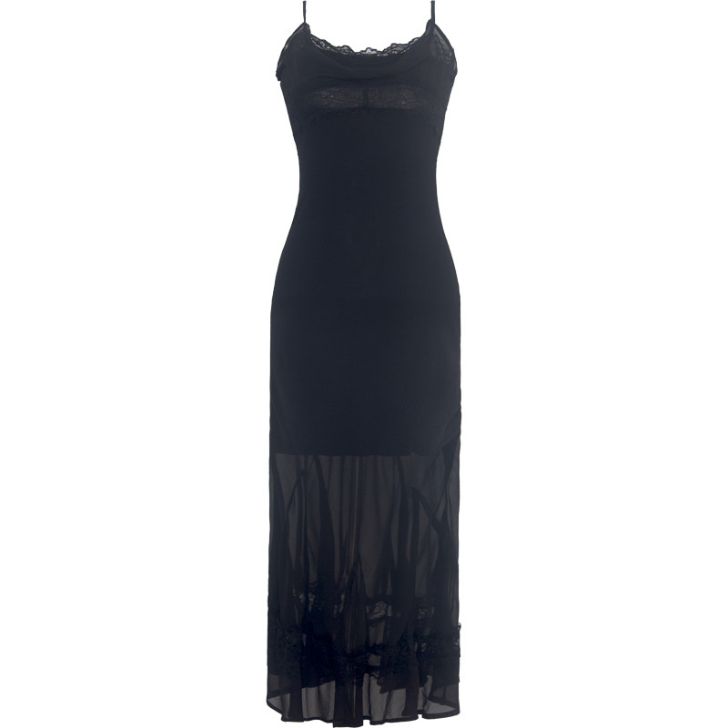 nolnol法式吊带连衣裙夏性感露肩收腰过膝修身垂坠感蕾丝黑色裙子