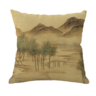 中式湖山春暖图亚麻靠垫客厅红实木椅靠枕办公室茶室茶楼方形枕套