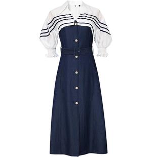 夏季女装2026新款气质休闲撞色灯笼袖收腰显瘦衬衫连衣裙长裙