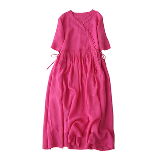 夏季苎麻V领短袖连衣裙气质收腰显瘦文艺长裙飘逸仙美沙滩裙a字裙