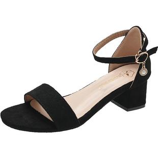 黑色粗跟凉鞋女款夏季2026新款百搭一字带中跟仙女风配裙子高跟鞋