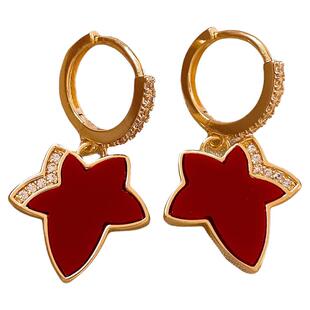 古里雅新年红色枫叶锆石耳环女巨好看耳钉轻奢高级感气质大气耳饰