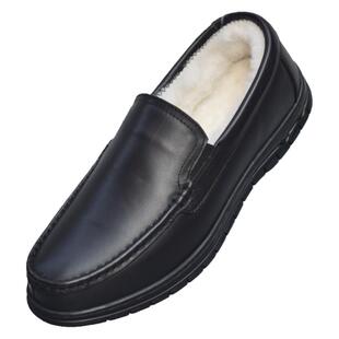 冬季皮毛一体棉皮鞋加厚绒保暖休闲爸爸羊毛男鞋一脚蹬真皮豆豆鞋