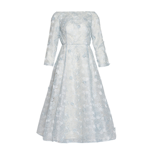 立体花朵 HAUTE FANCIES后构想 | 淡蓝色法式一字领高腰A摆连衣裙