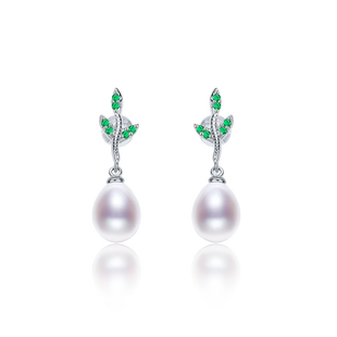 京润珍珠盼枝银S925淡水珍珠耳钉7-8mm水滴送节日礼物P