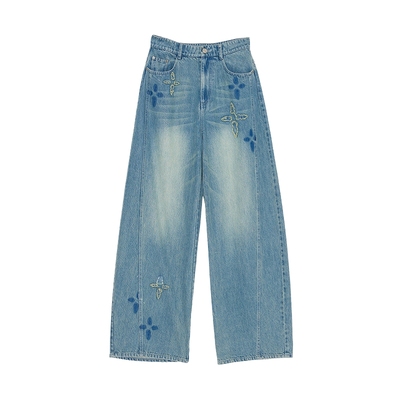 复古印花磨痕阔腿牛仔裤