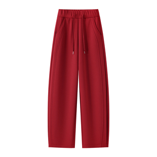 中国红弯刀裤女秋冬新款松紧高腰休闲裤宽松直筒抽绳加绒运动卫裤