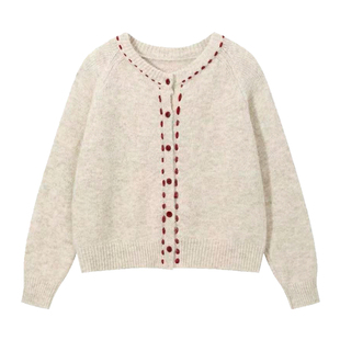 专柜韩式复古圆领软糯针织毛衣开衫秋冬虚线丝绒扣外套别致上衣女