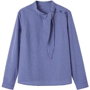 德玛纳全棉文艺格纹系带领衬衫女春秋复古设计感小个子衬衣上衣