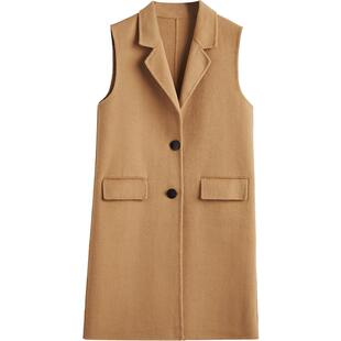 百分百纯羊毛呢马甲青果领女中长款双面呢时尚马夹外套V领坎肩潮