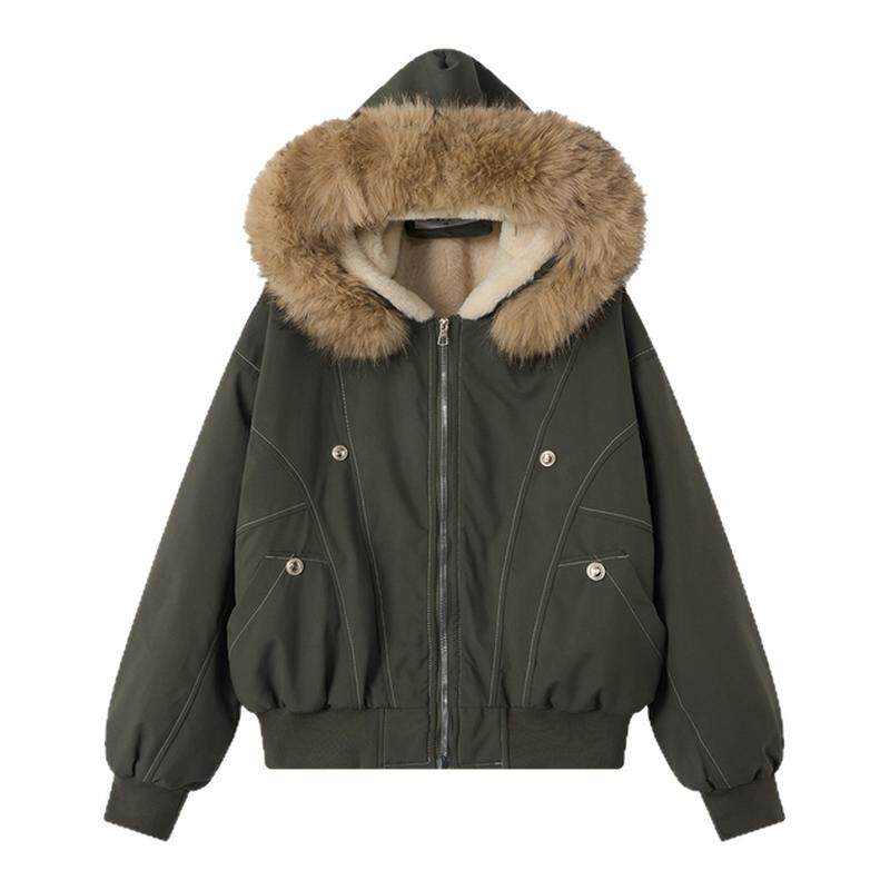 蓝色美式复古派克服棉服女冬季座山雕毛领宽松加厚短款工装外套女
