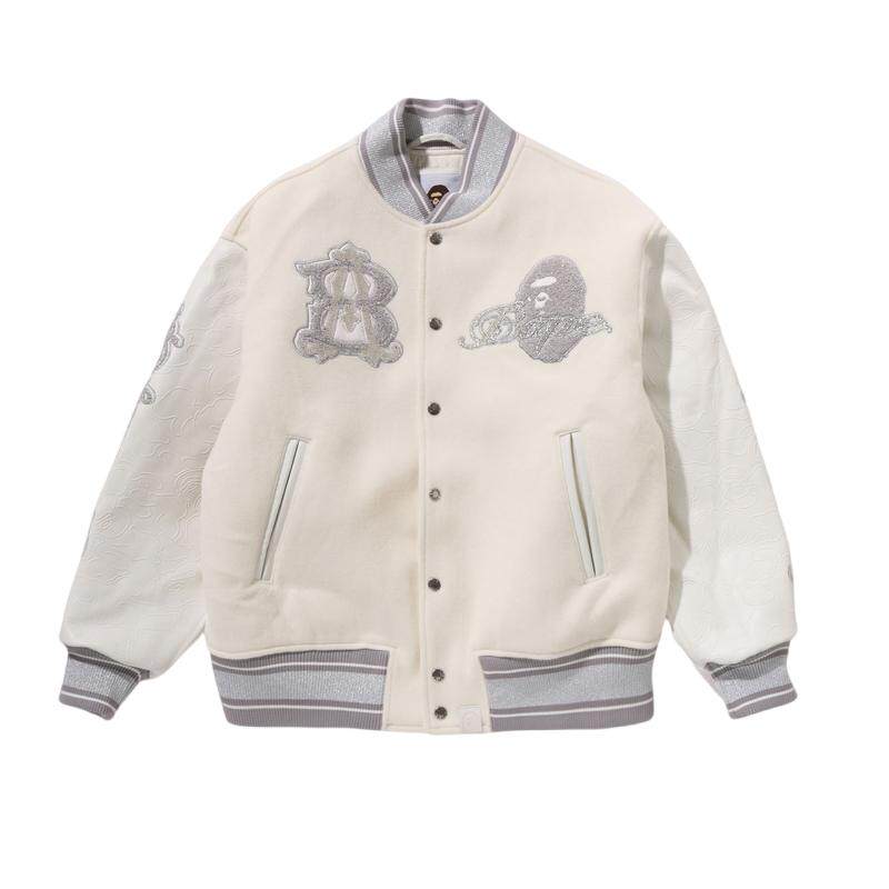 牛皮革拼接袖字母棒球夹克BAPE
