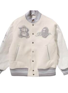 牛皮革拼接袖字母棒球夹克BAPE