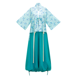 花朝记｜海燕｜汉服元素对襟短衫灯笼裤蓝色天丝人棉提花日常春夏