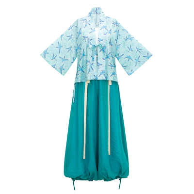 花朝记｜海燕｜汉服元素对襟短衫灯笼裤蓝色天丝人棉提花日常春夏