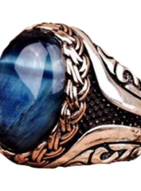 蓝色虎眼石镶嵌周年纪念雕刻戒指