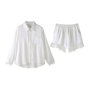 曼系“白月光”夏冰丝睡衣女领口蕾丝性感薄款宽松气质衬衫家居服