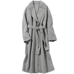 23区日系春季通勤宽松款系带羊毛混纺呢大衣中长款外套商场同款追