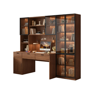 全实木电脑桌书柜一体中古风办公桌带抽屉储物简约现代家用学习桌