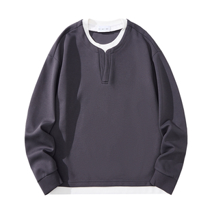 2025春秋季新款重磅圆领男装内搭打底衫t恤上衣假两件卫衣男长袖