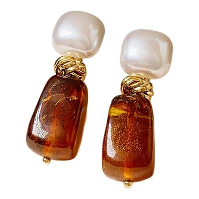 金色扭纹珍珠方糖琥珀色几何耳坠